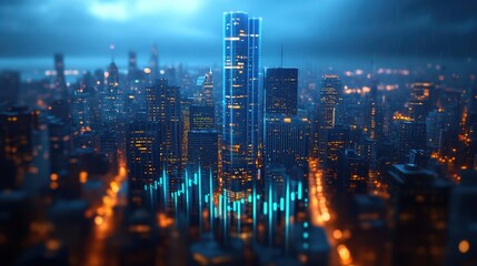 Fototapeta premium Futuristic Cityscape at Night: Illuminated Skyscrapers and Urban Development with Neon Blue Lights