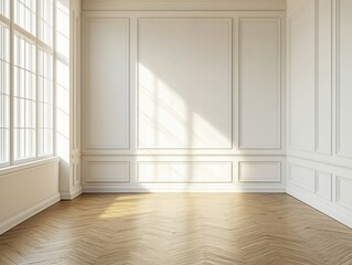 A large room with white walls and wooden floors. There is a window in the room