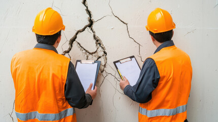 Earthquake crack damage concept, Inspectors examine cracked wall, wearing safety helmets and vests