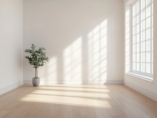 A large empty room with a white wall and a large window. A potted plant is sitting in the corner of the room