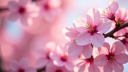 Fototapeta premium Delicate pink sakura blossoms, full bloom, soft petals , cherry blossom, flowers, surface
