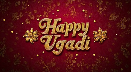 Festive Happy Ugadi Greetings with Golden Floral Ornaments on Red Textured Backdrop