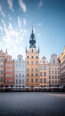 Fototapeta premium Historic architecture and vibrant colors of a town square at dawn with a striking clock tower in the background