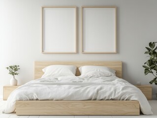 A bed with two white pillows and a white comforter. The bed is in a room with a white wall and a white door. There is a potted plant on the right side of the bed
