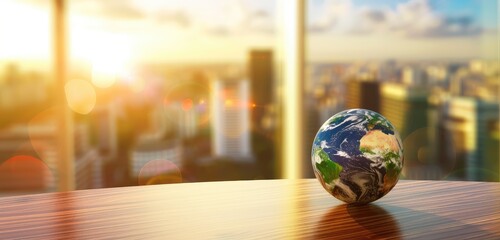 Earth Globe on Desk with Sunlit City Background