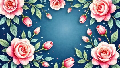 Delicate watercolor roses & leaves, repeating pattern , soft, pink