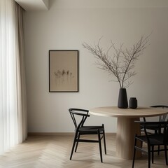 A black chair is sitting at a round wooden table. A vase with a branch in it is on the table
