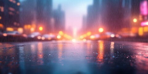 Fototapeta premium Vibrant city street illuminated by lights during a rainy evening with reflections on the wet pavement