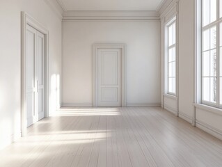 Fototapeta premium A large room with a white door and windows. The room is empty and has a lot of space
