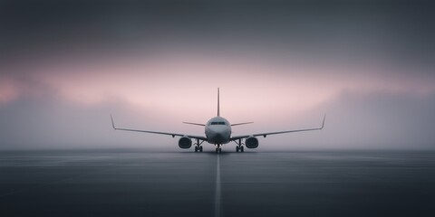 Airliner parked on runway during foggy twilight at remote airport