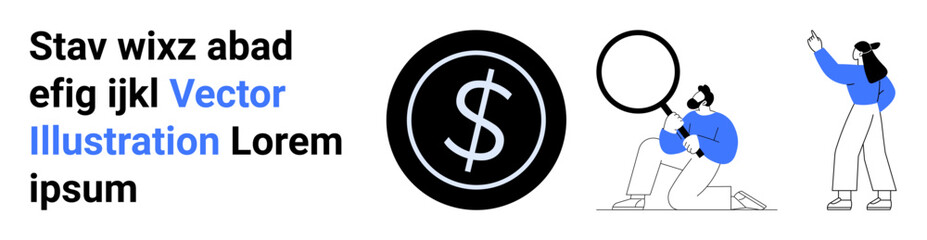 Female character highlights text, male examines large dollar sign with magnifying glass. Ideal for finance, business, analysis, education, typography, content creation, simple landing page