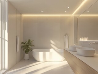 A bathroom with a white bathtub and a plant. The bathroom has a mirror and a window