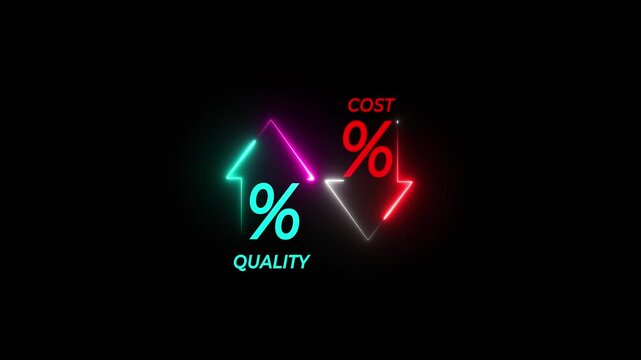 Quality and cost control concept on transparent background. Successful organization strategy and management quality control. Percentage icon of quality with up arrow and cost with down arrow.
