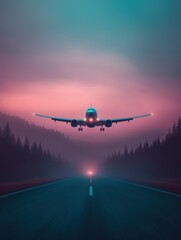 Airplane landing at dusk over a road surrounded by fog and trees during twilight hours