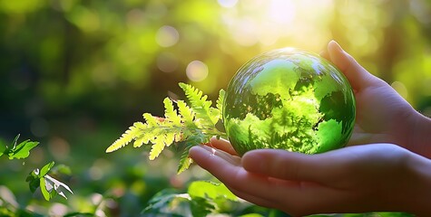 Globe in Hands with Fern Leaf, Bright Bokeh Sunlight, Green Lush Nature