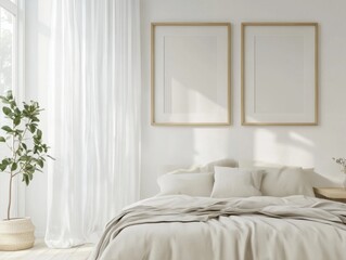 A white bedroom with a bed and a plant. The bed is covered with a white blanket and pillows