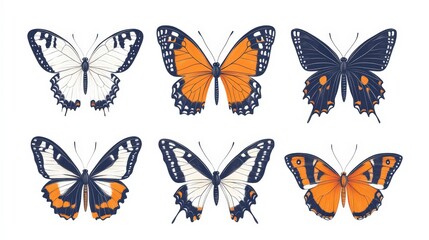 Artistic illustration of six butterflies with intricate designs in black and orange hues.