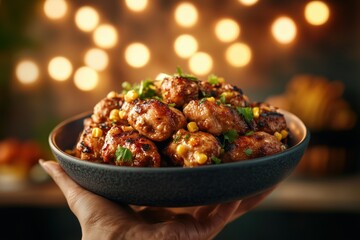 Grilled chicken meatballs served with corn and herbs in a cozy setting with warm lights