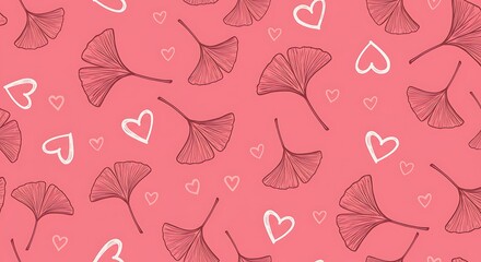Blushing Ginkgo Love Pattern: Delicate Pink Hearts and Leaves AI Generated