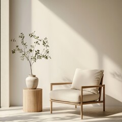 A white chair is sitting in front of a wooden table. A vase with a plant in it is on the table