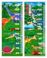 Kids height chart ruler with funny dinosaurs and cartoon Jurassic lizards, vector background. Kids height chart or baby growth measure ruler with prehistoric dinosaurs and lizards in jungle forest