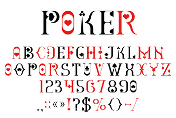 Casino card suit font, poker game typeface, gambling type, vegas english alphabet vector typography. Casino poker game play card font letters and numbers with black red hearts, diamonds, clubs, spades © Vector Tradition