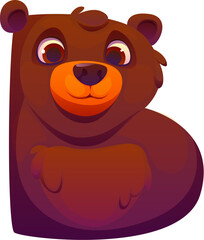 Cartoon Letter B as friendly brown bear animal character. Cute and funny kids alphabet, funny zoo mascot font, children English typeface, funny letter type. Abc for children education and learning