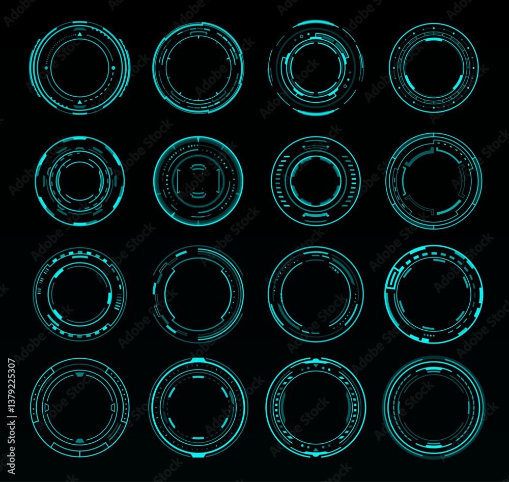 Fototapete Dial HUD interface. Sound volume round knob switch, round neon frames or borders. Vector set of sci fi UI futuristic glowing circles, buttons for computer game or app menu panel, in techno HUD style