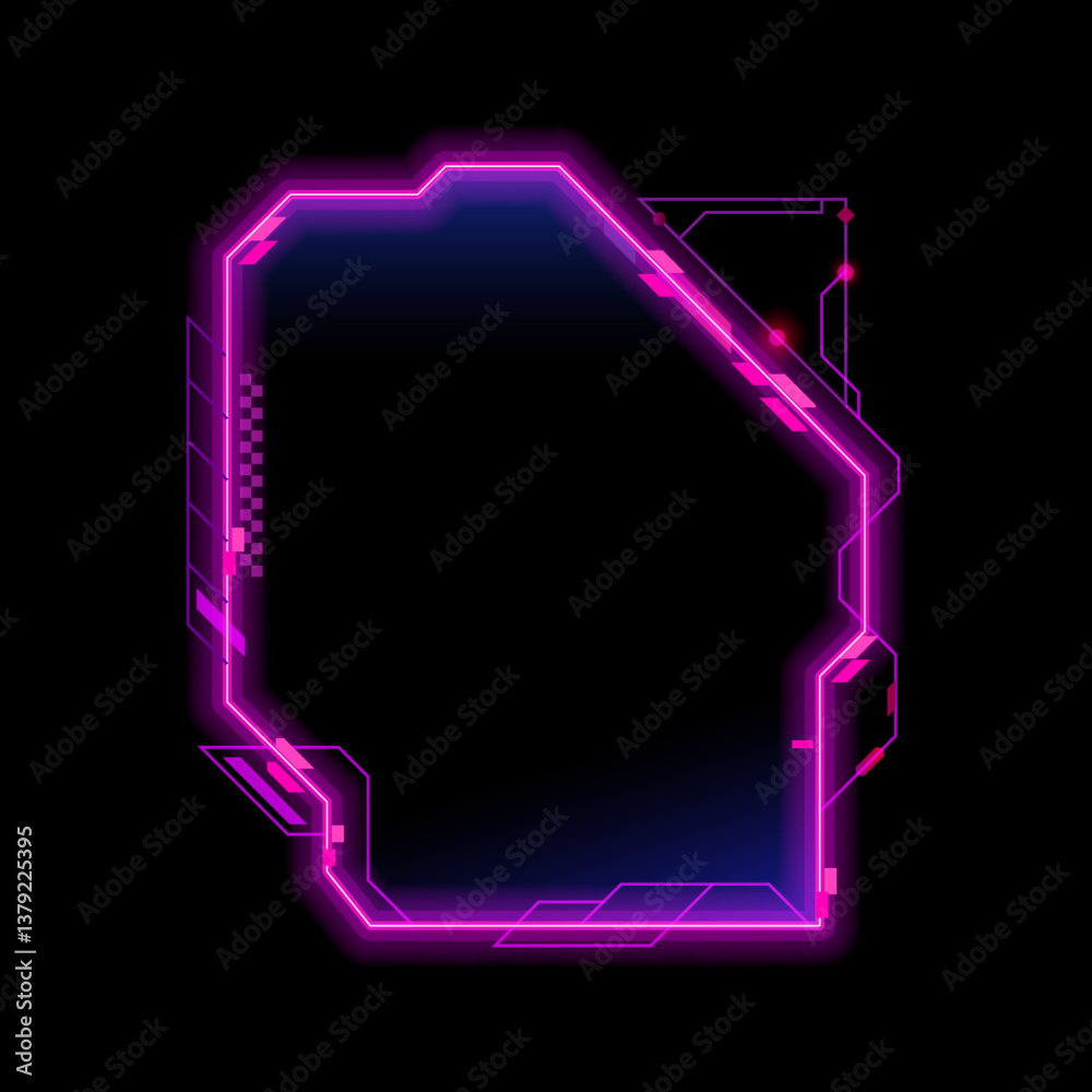 Poster Computer game futuristic neon HUD design frame. Mobile arcade futuristic neon HUD design frame, videogame vector electronic led light UI border. SCI FI game digital interface violet overlay banner