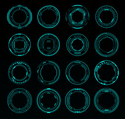 Dial HUD interface. Sound volume round knob switch, round neon frames or borders. Vector set of sci fi UI futuristic glowing circles, buttons for computer game or app menu panel, in techno HUD style
