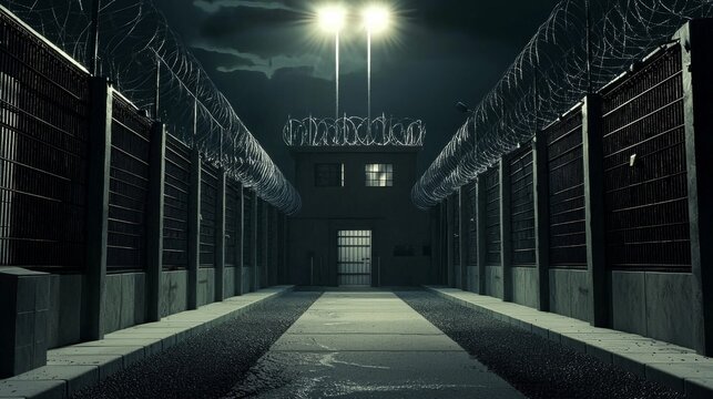 Night view of a prison High security fences and barbed wire
