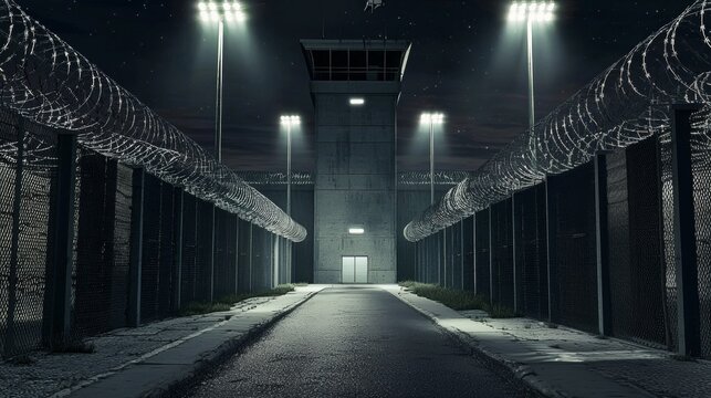 Night view of prison walls with barbed wire fences and watchtower