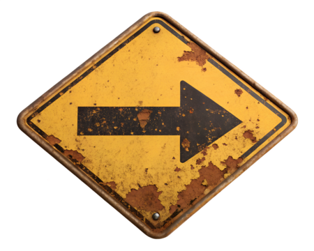 Rusty yellow right turn road sign with a transparent background - Powered by Adobe