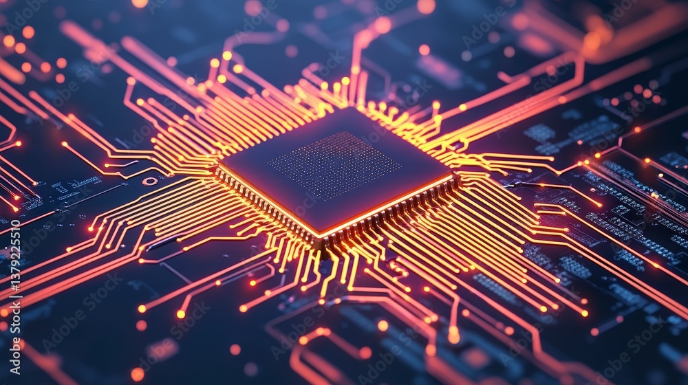 Poster close-up of a computer chip surrounded by intricate circuit patterns and glowing connections.
