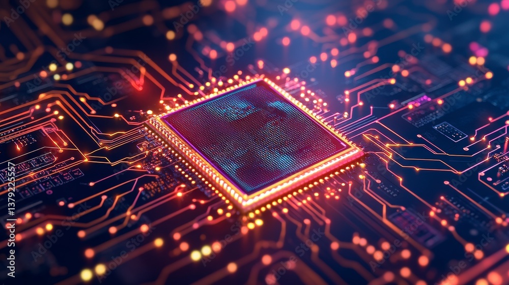 Poster futuristic circuit board design featuring a central processor with vibrant lights and intricate path