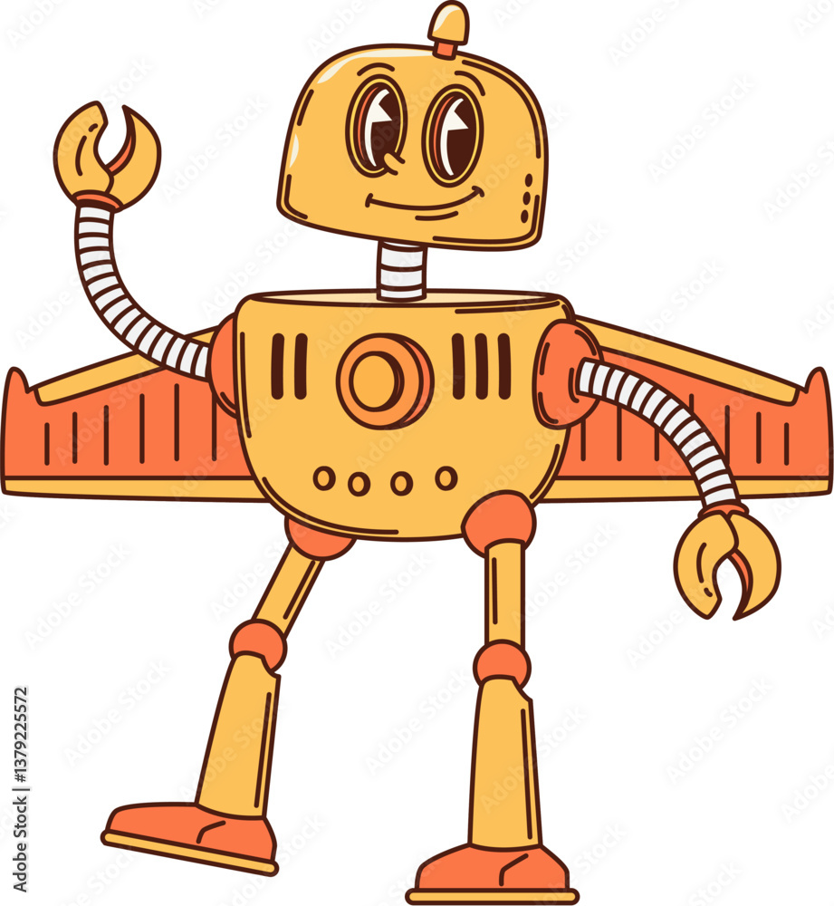 Aufkleber Cartoon groovy robot or droid character with wings, vector retro transformer. Groovy robot with funny face and mechanical arms, retro robotic cyborg bot character with buttons and plane wings