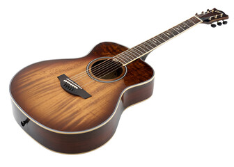 Beautiful acoustic guitar with a natural wood finish and unique design
