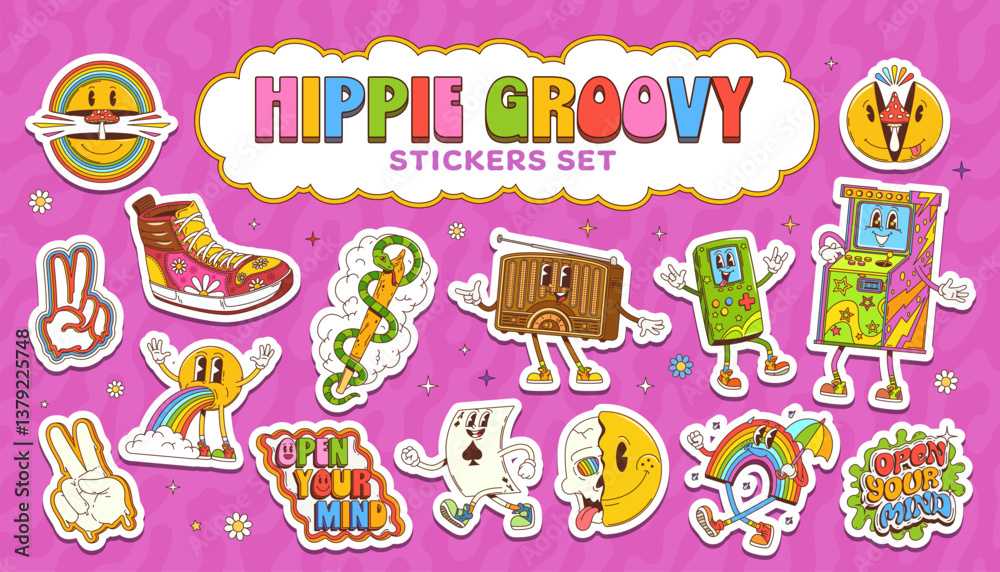 Aufkleber cartoon groovy characters stickers pack. vector psychedelic patches featuring hippie inspired smile 
