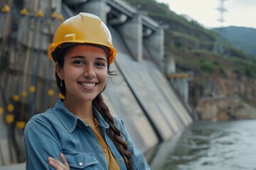 Portrait of a smiling young Hispanic female engineer at hydroelectric plant