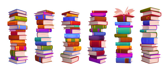 High book stacks and school library textbooks piles, vector education, reading and study. Cartoon stacks and towers of books, student textbooks and dictionaries with color paper covers and bookmarks