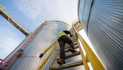 Naklejka premium a worker ascending a metal industrial storage tank's external staircase, showing industrial equipment and the blue sky