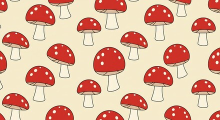 Whimsical Red Mushroom Pattern Delightful Cream Background AI Generated