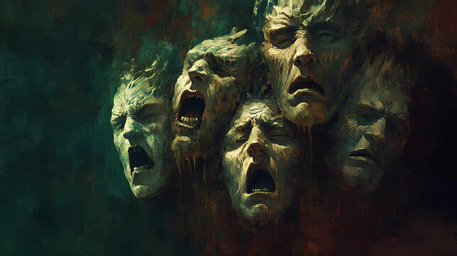 The shadows crept across the walls, twisting into grotesque faces that whispered mad schemes in my mind. Abyssal Whispers. Illustration