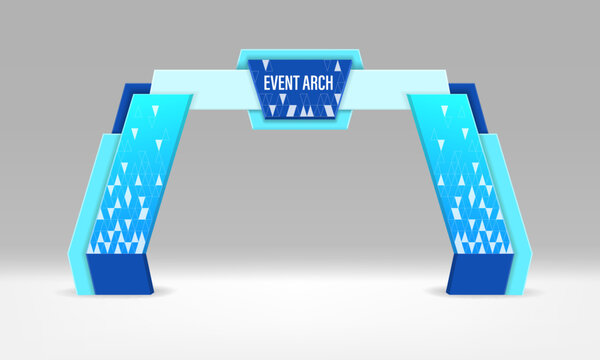 Event arch gate entrance, realistic 3d vector modern exhibition gateway. Blue architectural arc with geometric patterns and central signage area. Entry for conferences, exhibitions or corporate events