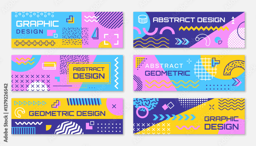 Aufkleber Modern banners with abstract geometric memphis shapes pattern. Vector horizontal banners with trendy line art graphic shapes background. Color circles, squares and triangles memphis patterns set