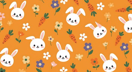 Fototapeta premium Adorable Bunny Spring Pattern Warm Orange Hues AI Generated