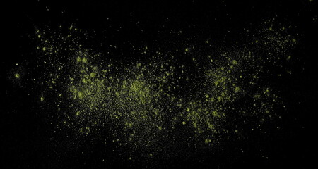 Matcha green powder pile, tea isolated on black background, top view