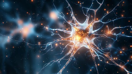 Microscopic view of a neuron with branching dendrites against a soft-focus background of glowing particles.