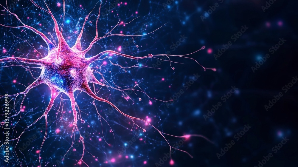 Poster neural network with glowing connections illustrating brain activity and complexity against a dark ba