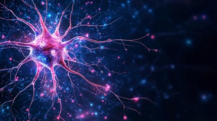 Fototapeta premium Neural network with glowing connections illustrating brain activity and complexity against a dark background.